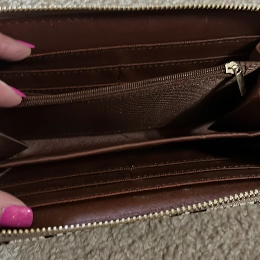 Snake skin tan & brown zip up long wallet clutch purse bag